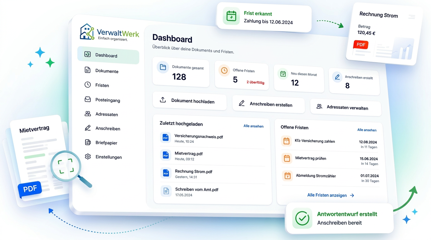 VerwaltWerk Dashboard mit Dokumenten, Fristen und Anschreiben